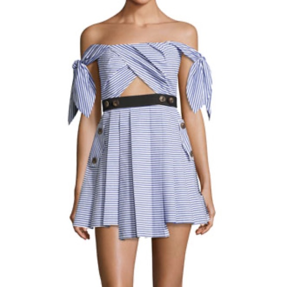 Self-Portrait Striped Shirting Tie-Sleeves Mini Dress